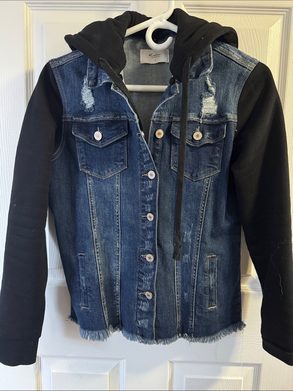 Women's Dark Blue Denim Jacket with Black Hoodie Detail